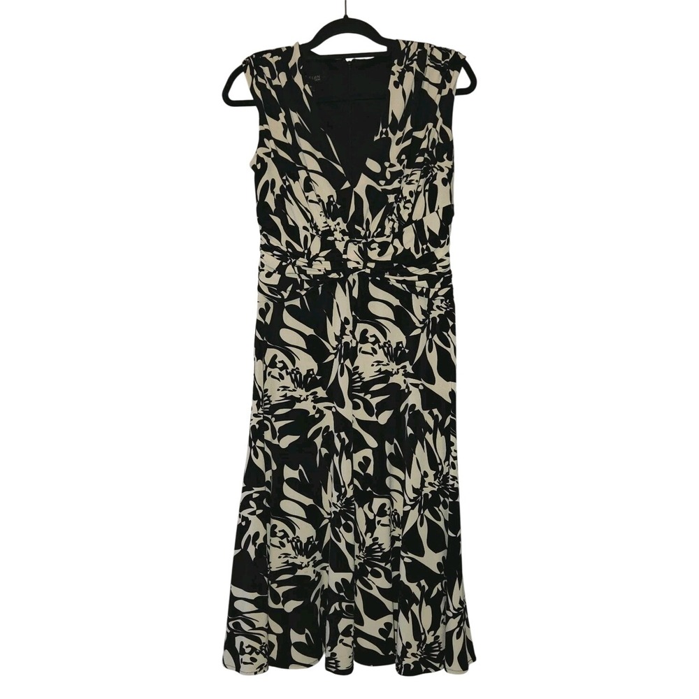Anne Klein Floral Print Dress Women's 8 Sleeveless Stretch Belted Ruched Waist